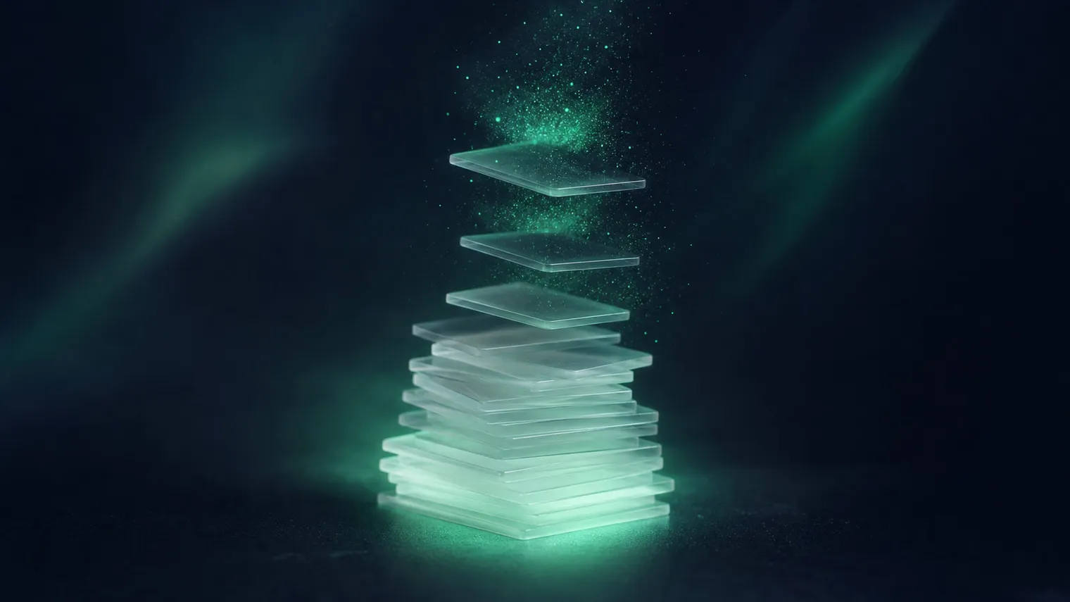 Automatización con IA para autónomos: una pila de tareas hechas de cristal esmerilado de la que las de arriba se despegan y se disuelven en partículas de luz esmeralda.
