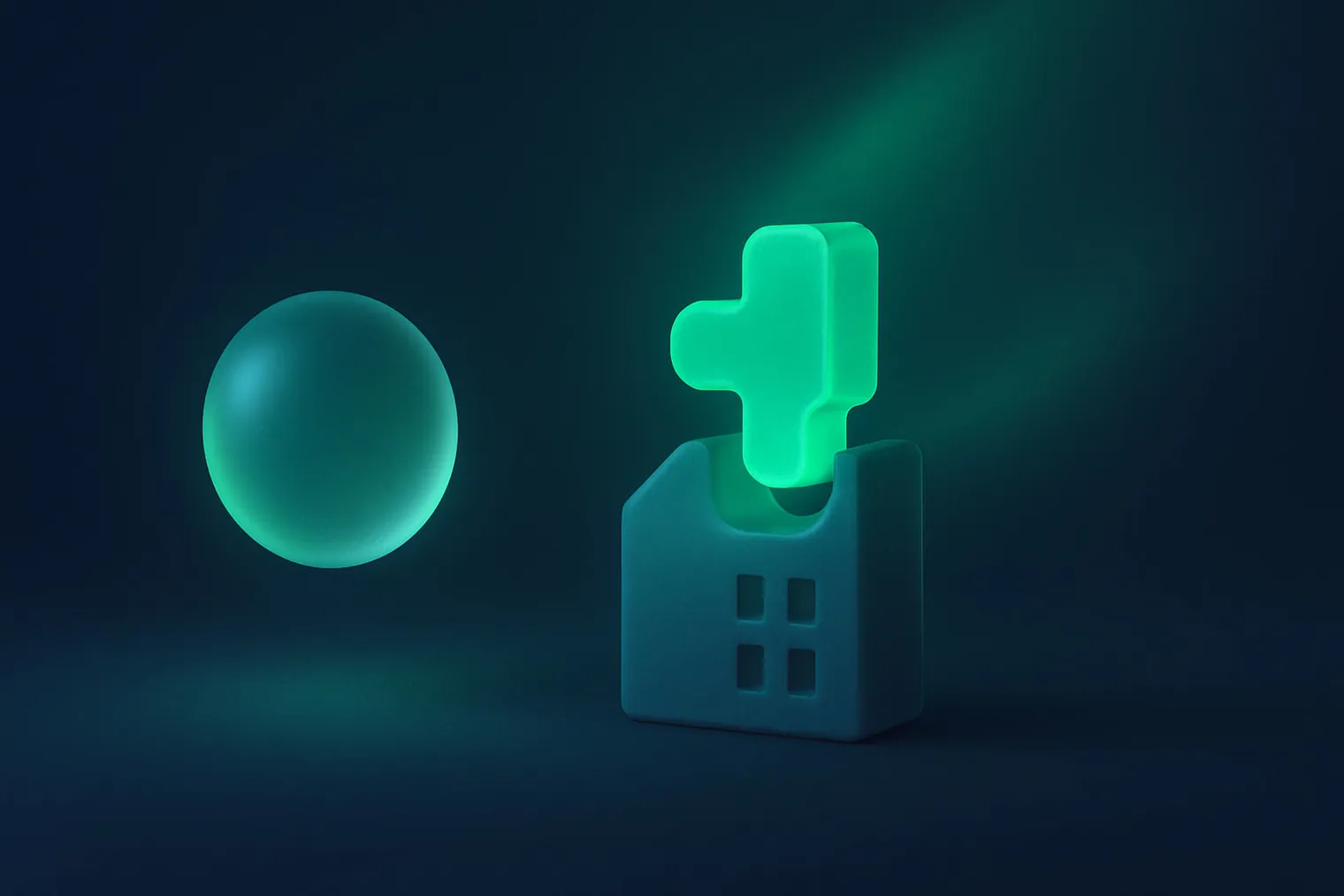 ChatGPT frente a un asistente de IA a medida: una esfera genérica a un lado y, al otro, una pieza a medida que encaja perfecta en un hueco con forma de edificio, iluminada en el punto de encaje.