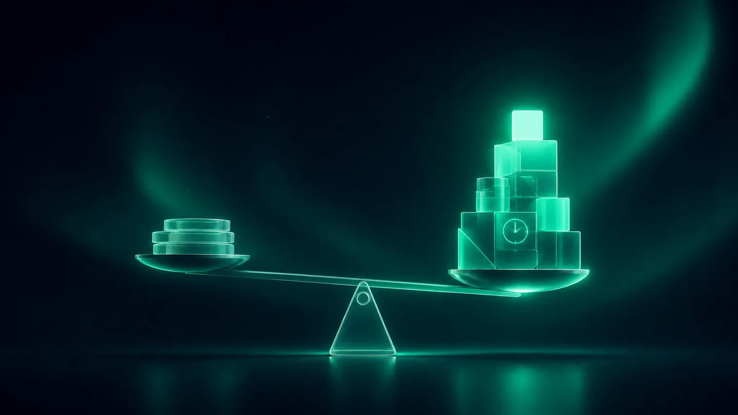 Cuánto cuesta un agente de IA para una pyme: una balanza de luz con unas pocas monedas de cristal en un lado y una torre más alta de bloques de valor con un reloj en el otro, que pesa más.