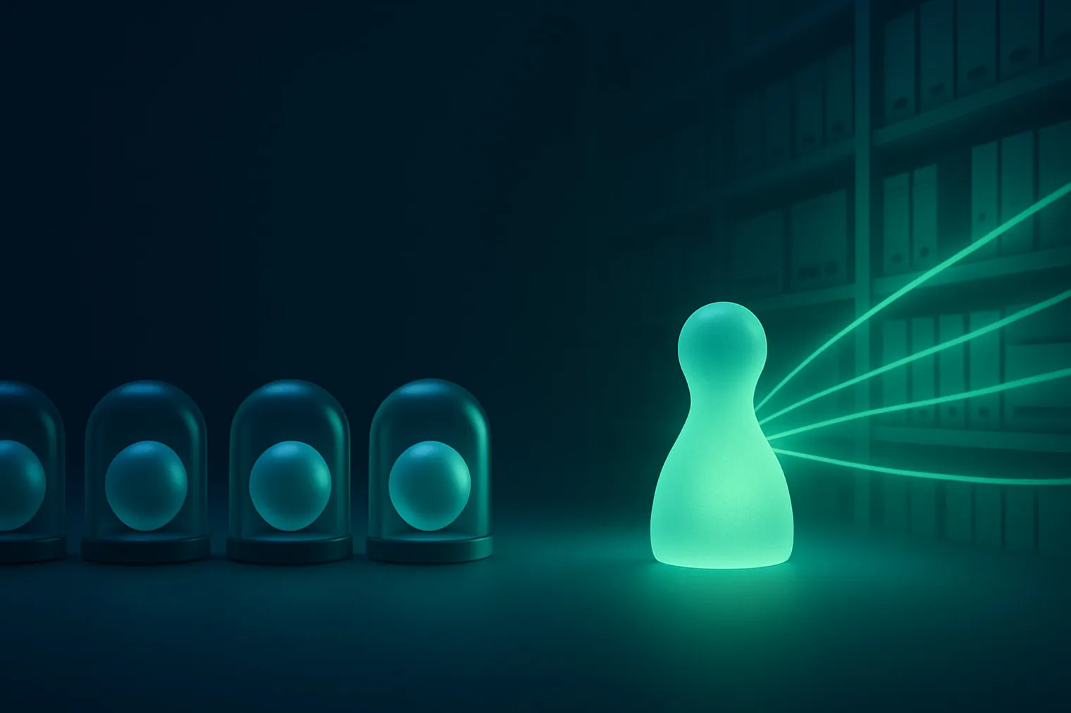 Gemini y ChatGPT gratis frente a un asistente de IA propio: una fila de esferas idénticas selladas bajo cúpulas de cristal y, enfrente, una pieza única iluminada cuyos hilos de luz esmeralda llegan hasta las estanterías del archivo privado.