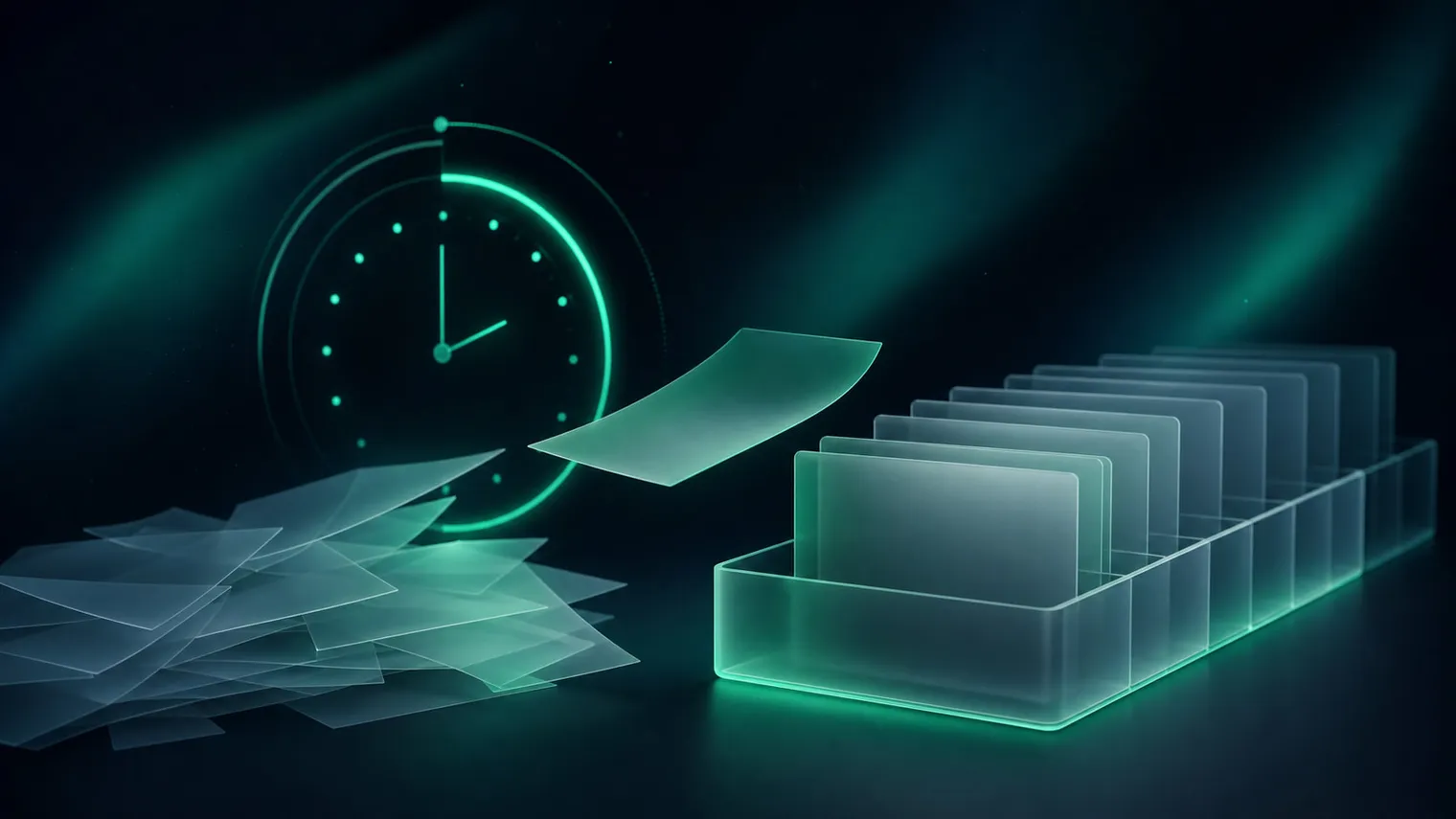 IA para asesorías y gestorías: un montón de documentos de cristal que se clasifican solos en bandejas alineadas, junto a un reloj de luz esmeralda que marca los plazos.
