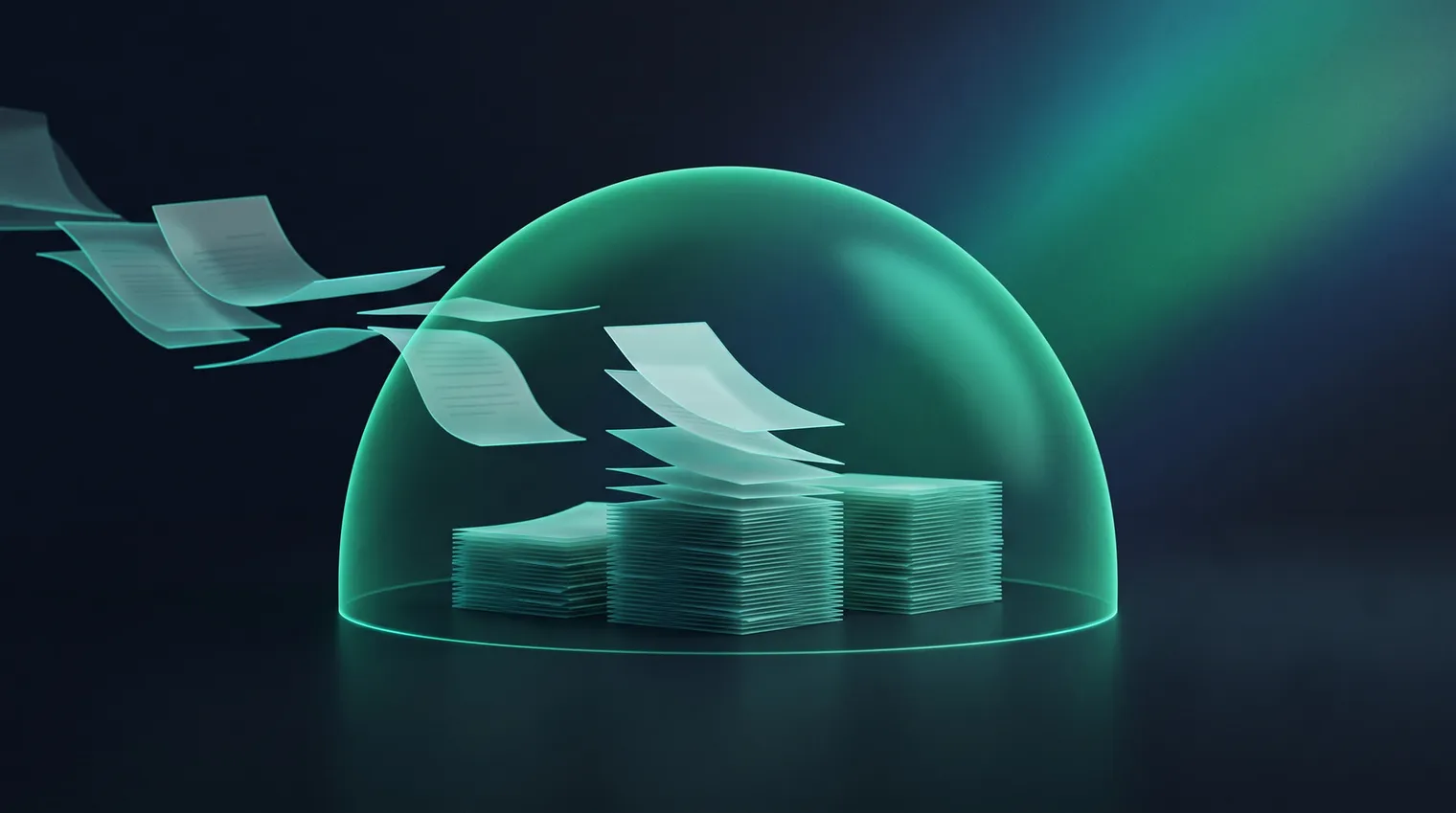 IA para despachos de abogados: documentos que se ordenan solos en pilas alineadas bajo una cúpula de luz esmeralda, evocando confidencialidad y orden.