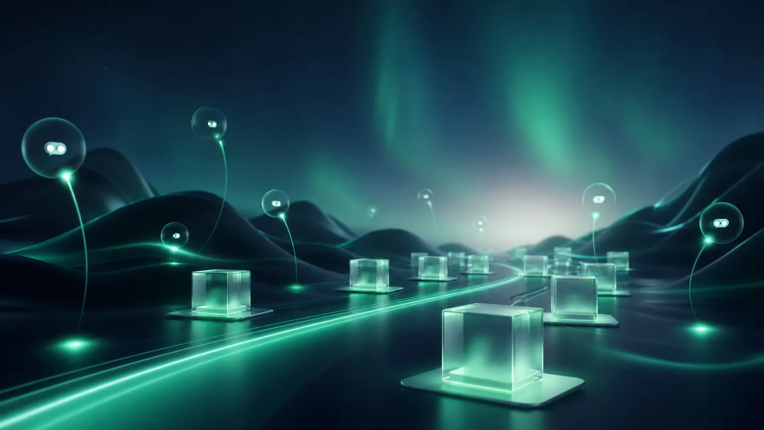 IA para tiendas online y ecommerce: cubos de cristal iluminados —pedidos— avanzando por un camino de luz con burbujas de conversación atendidas, bajo una aurora.
