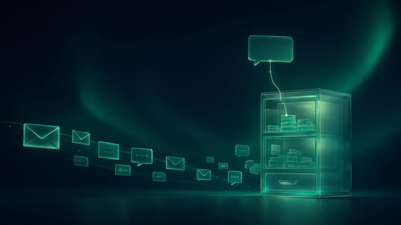 Archivo propio de WhatsApp y correo de un negocio: mensajes, correos y audios de cristal entran ordenados en un archivo luminoso y una burbuja de respuesta señala su fuente.