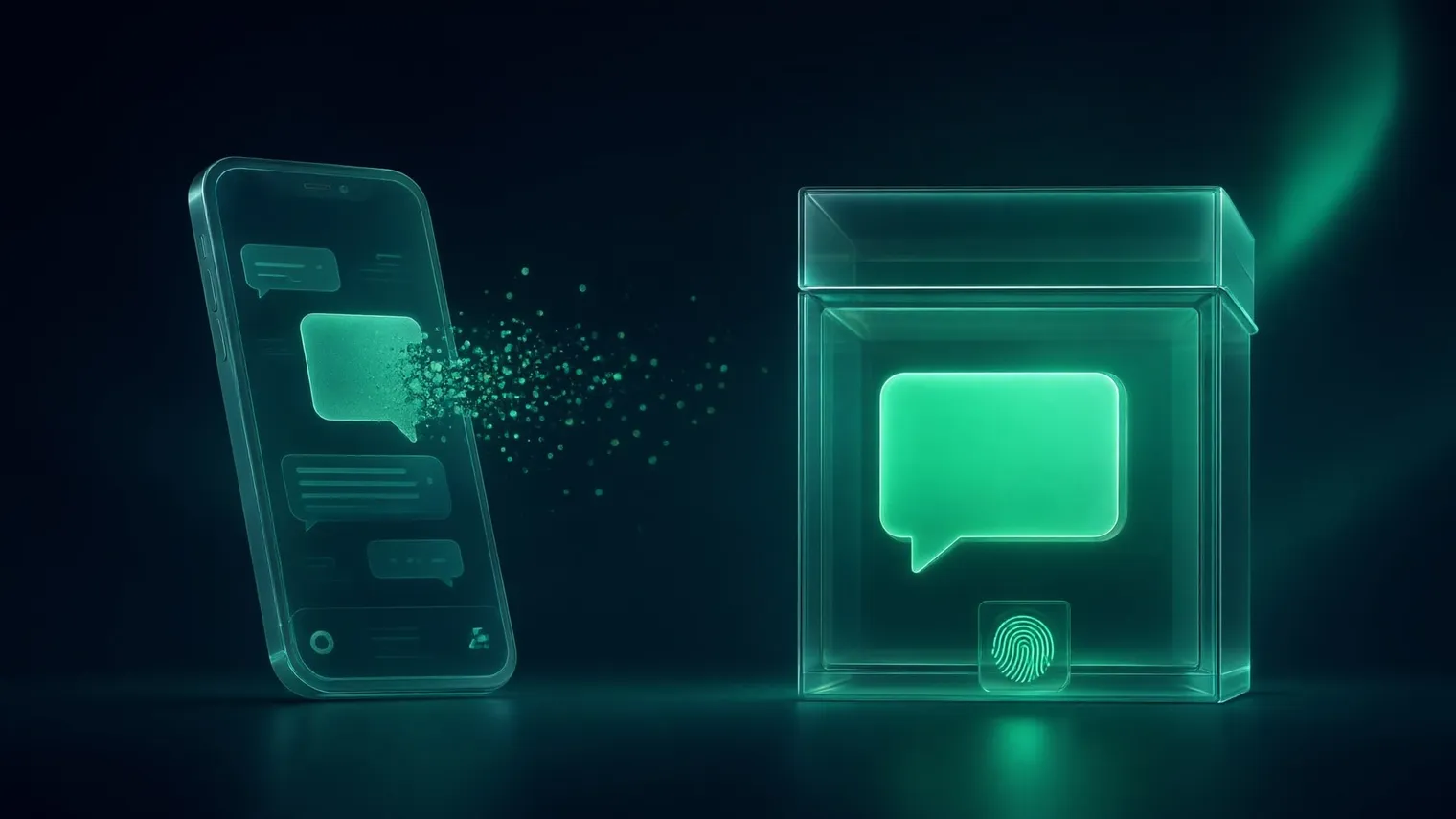 Mensajes eliminados para todos en WhatsApp: una burbuja de chat se desvanece en partículas sobre un móvil de cristal mientras su copia, guardada antes, brilla intacta dentro de un archivo sellado.