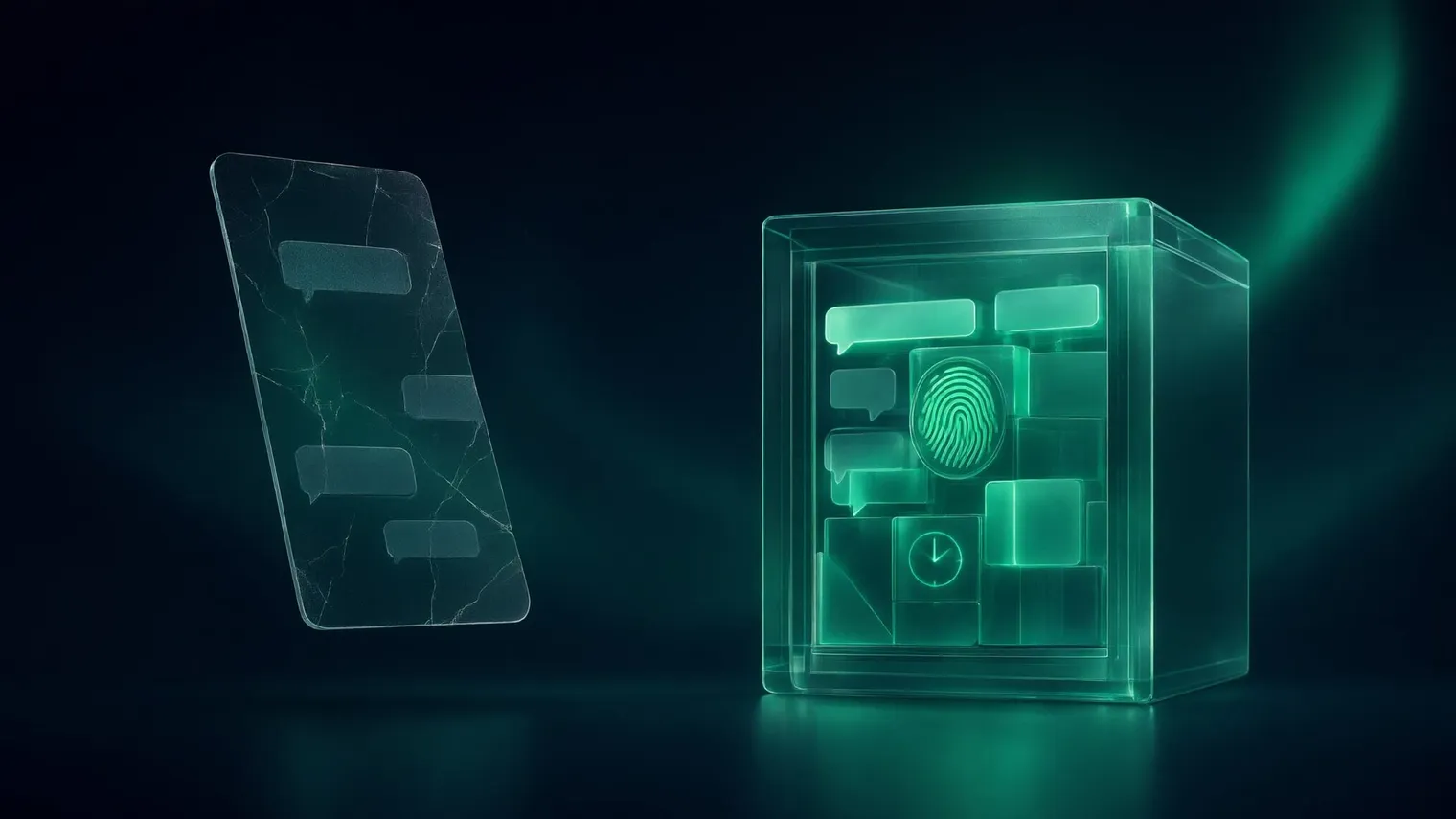 Pantallazo de WhatsApp como prueba: una lámina de cristal fina y agrietada, como una captura de pantalla, junto a un archivo de cristal macizo con los mensajes dentro y una huella digital luminosa.