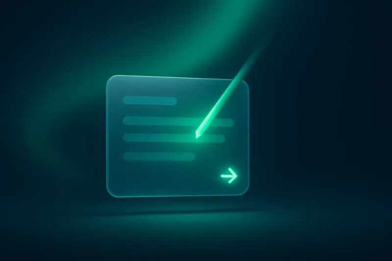Una tarjeta de mensaje de cristal cuyo texto se redacta solo con un trazo de luz esmeralda, con una flecha de enviar lista.
