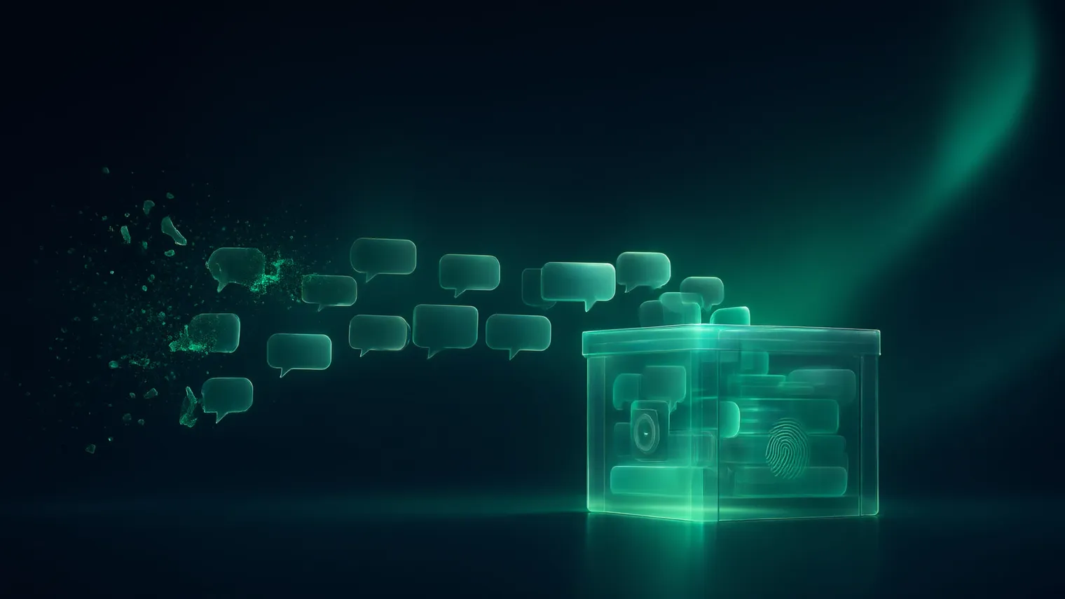 WhatsApp como prueba y mensajes borrados: burbujas de chat que se deshacen en partículas y otras que llegan intactas a un archivo de cristal sellado con una huella digital.